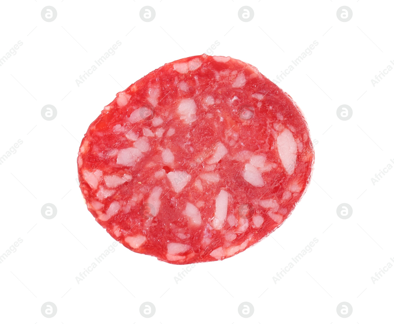 Photo of Piece of delicious dry cured sausage isolated on white