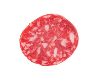 Piece of delicious dry cured sausage isolated on white