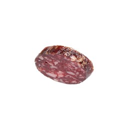 Piece of delicious dry cured sausage isolated on white