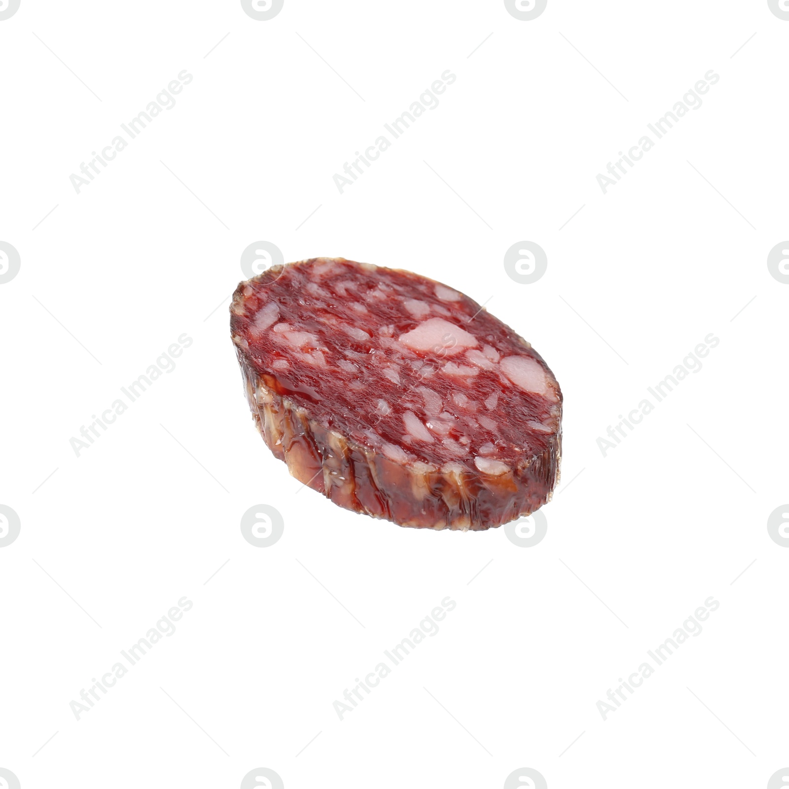 Photo of Piece of delicious dry cured sausage isolated on white