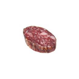 Piece of delicious dry cured sausage isolated on white