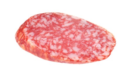 Photo of Piece of delicious smoked sausage isolated on white