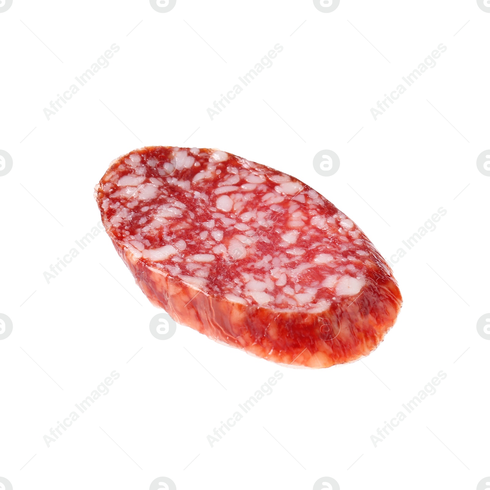 Photo of Piece of delicious smoked sausage isolated on white