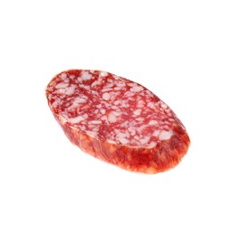 Photo of Piece of delicious smoked sausage isolated on white