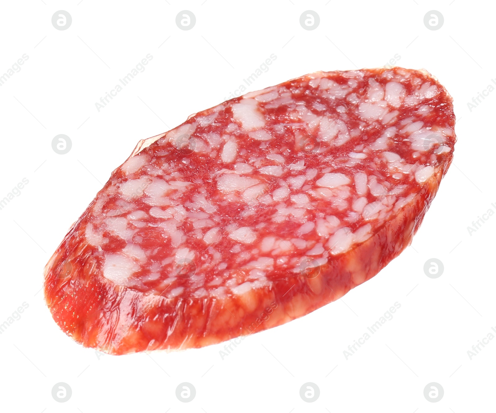 Photo of Piece of delicious smoked sausage isolated on white