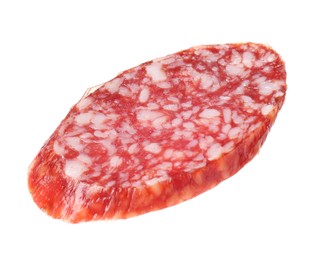 Photo of Piece of delicious smoked sausage isolated on white