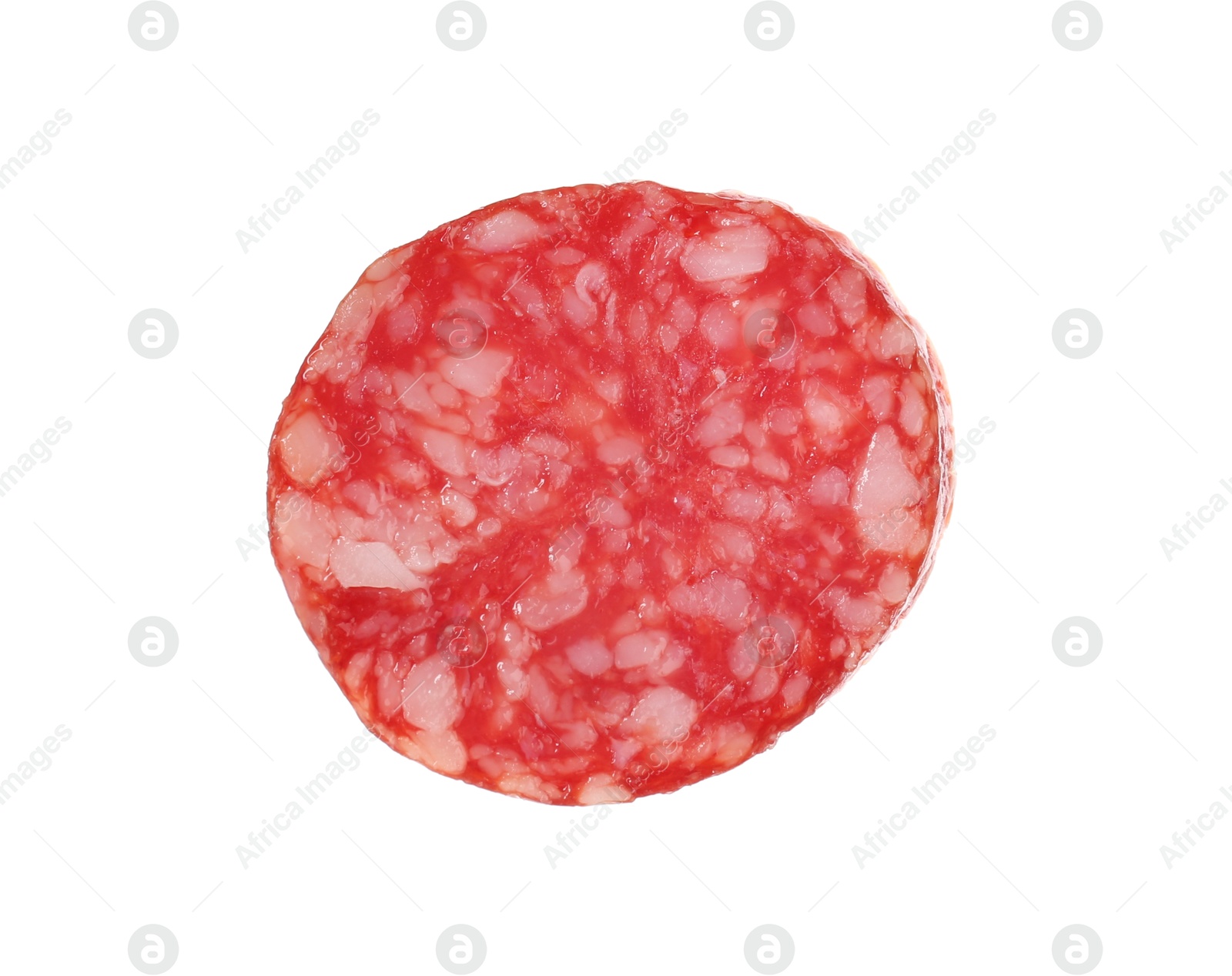 Photo of Piece of delicious smoked sausage isolated on white