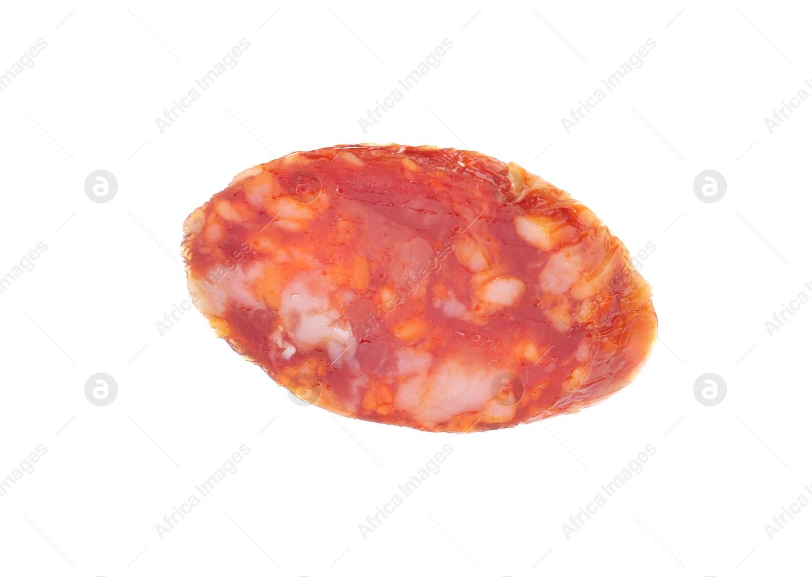 Photo of Piece of delicious dry cured sausage isolated on white