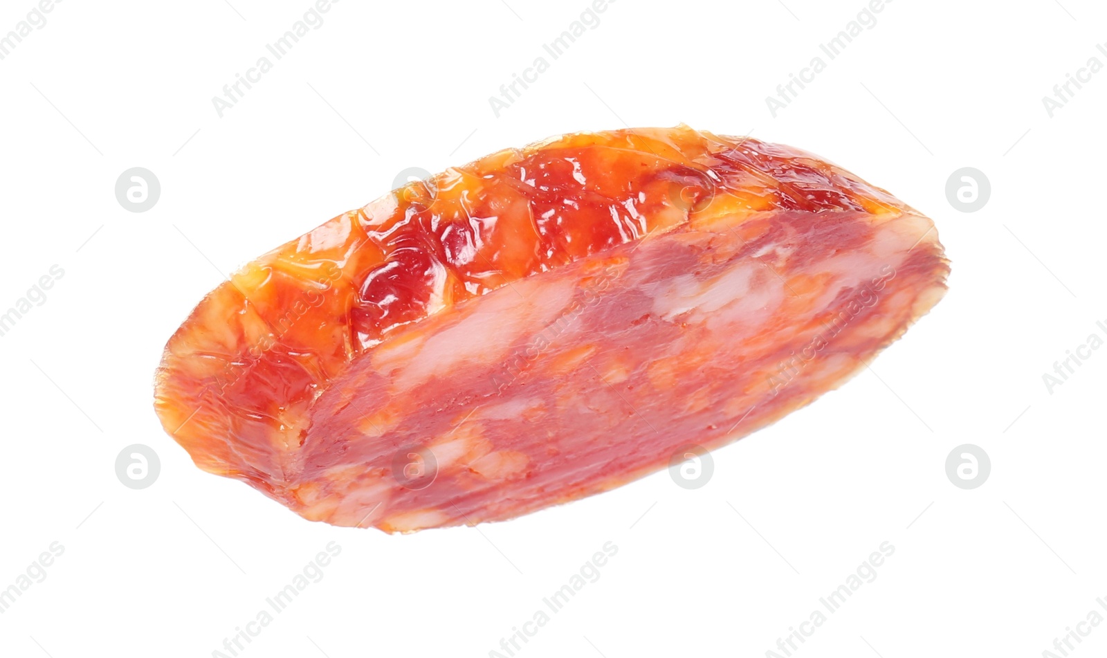 Photo of Piece of delicious dry cured sausage isolated on white