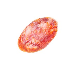 Photo of Piece of delicious dry cured sausage isolated on white