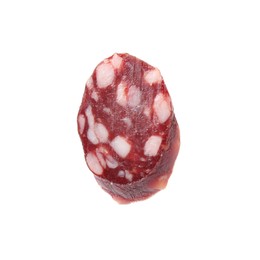 Photo of Piece of delicious dry cured sausage isolated on white