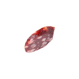 Photo of Piece of delicious dry cured sausage isolated on white