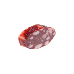 Photo of Piece of delicious dry cured sausage isolated on white