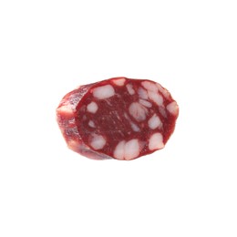 Photo of Piece of delicious dry cured sausage isolated on white