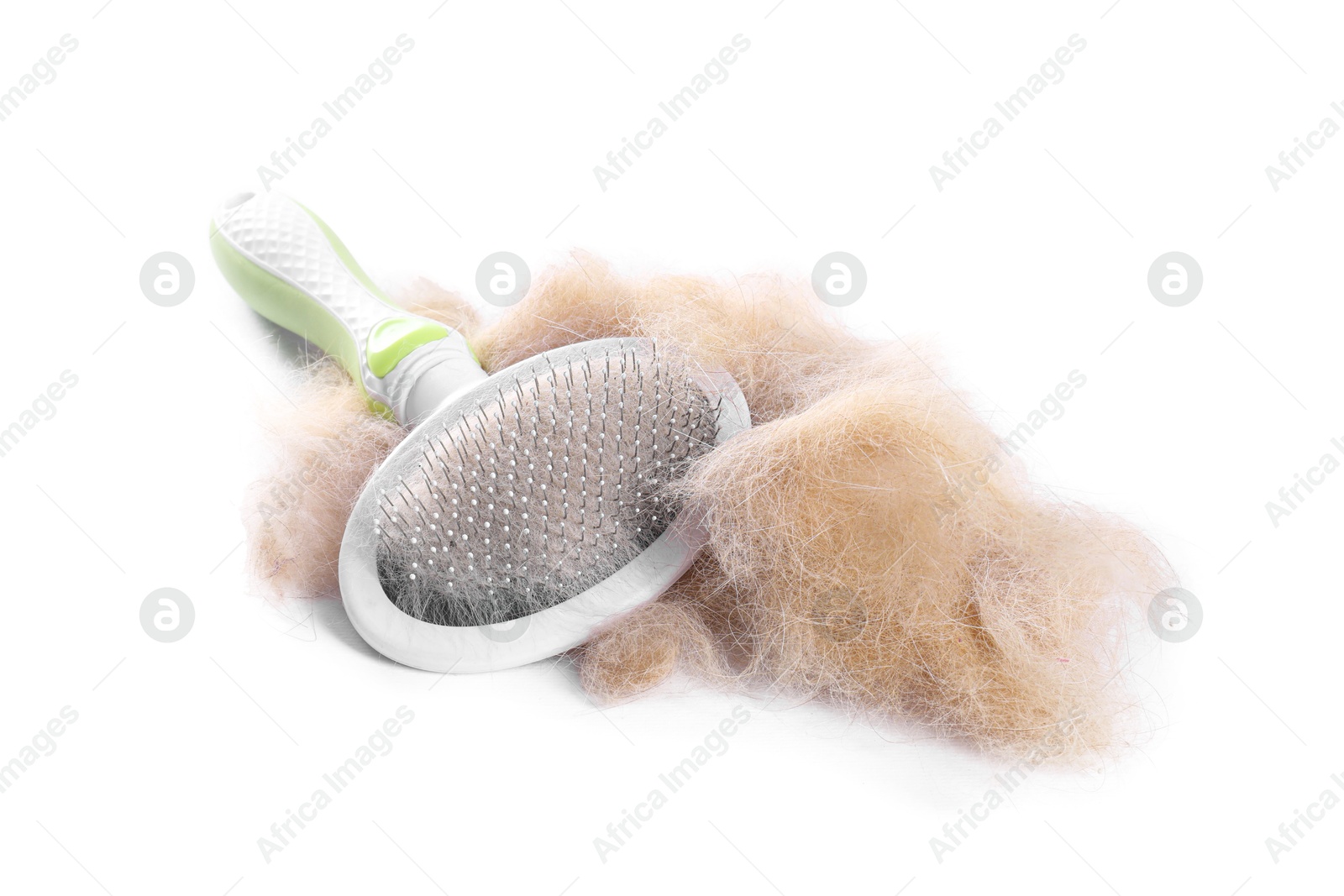 Photo of Grooming brush and pile of pet's hair isolated on white