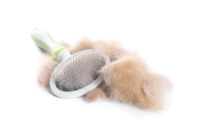 Photo of Grooming brush and pile of pet's hair isolated on white