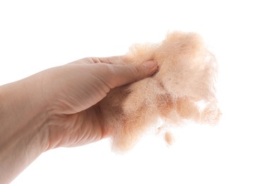 Photo of Woman with pet's hair on white background, closeup