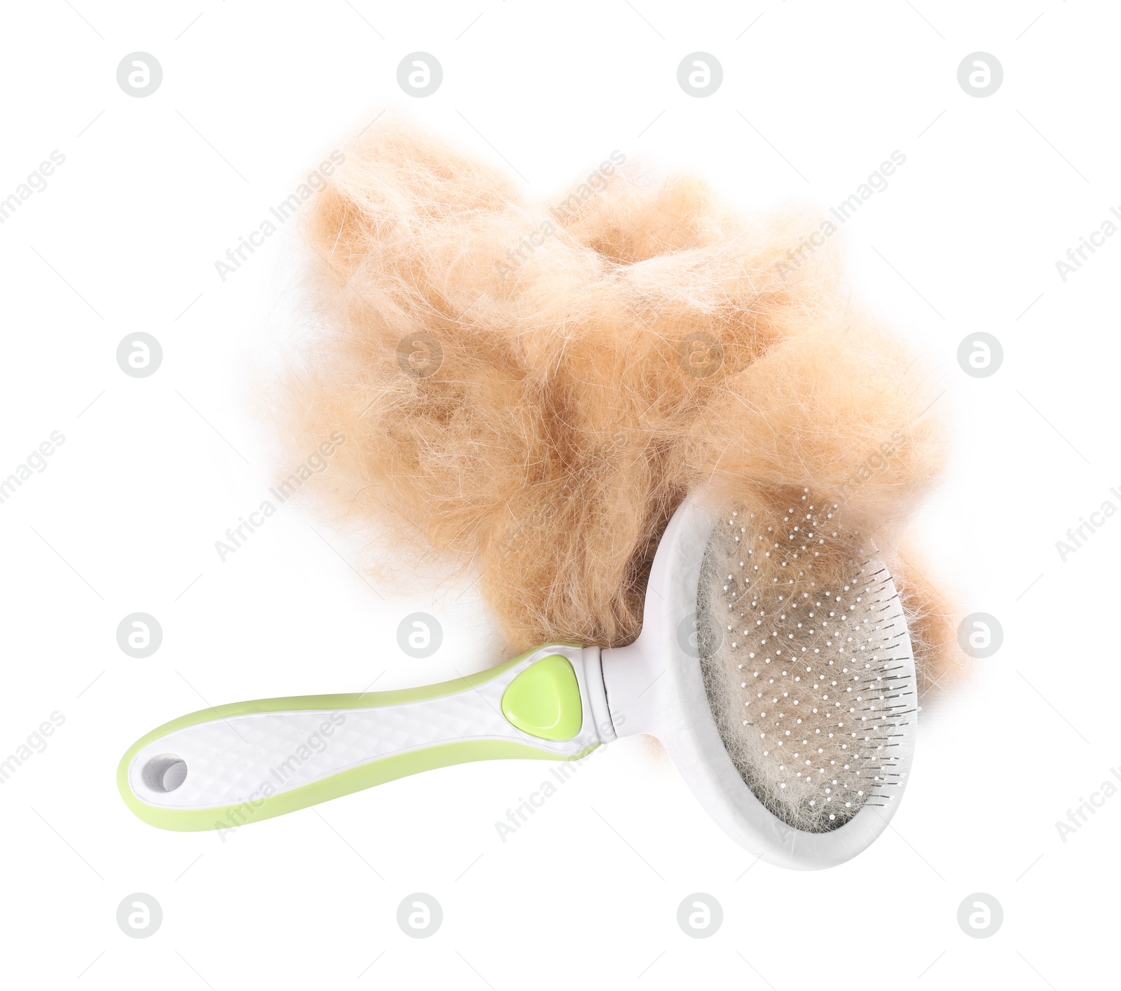 Photo of Grooming brush and pile of pet's hair isolated on white, top view