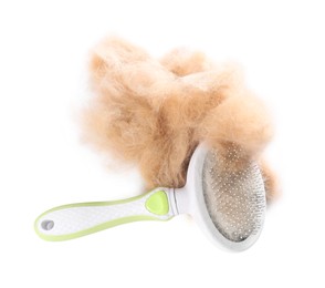 Photo of Grooming brush and pile of pet's hair isolated on white, top view