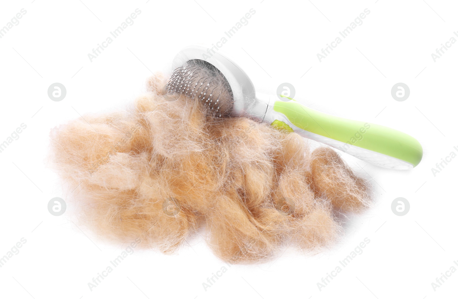 Photo of Grooming brush and pile of pet's hair isolated on white