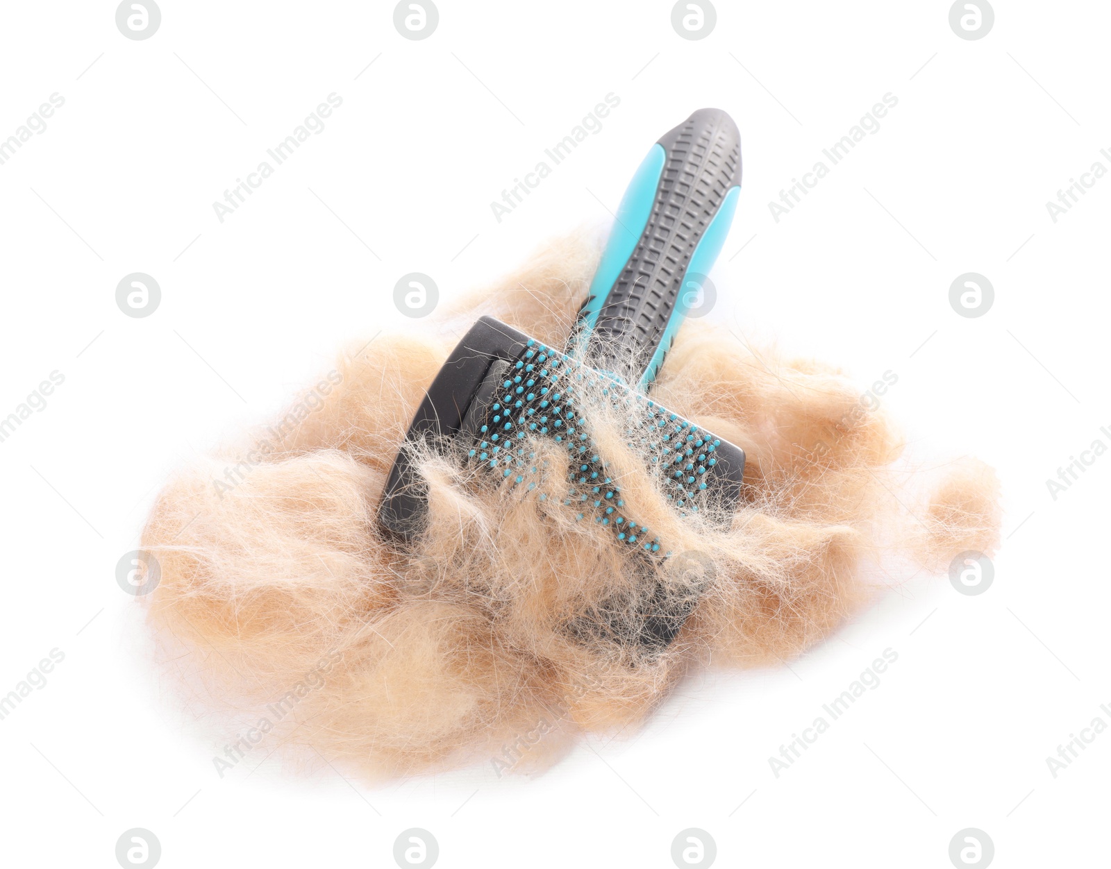 Photo of Grooming brush and pile of pet's hair isolated on white