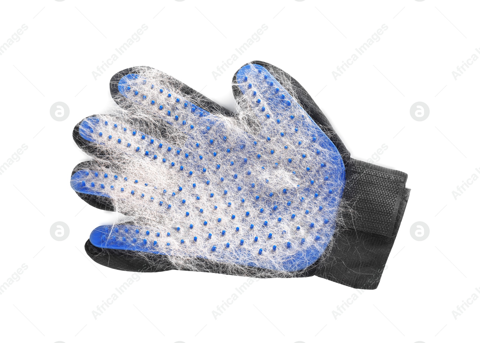 Photo of Grooming glove with pet's hair isolated on white, top view