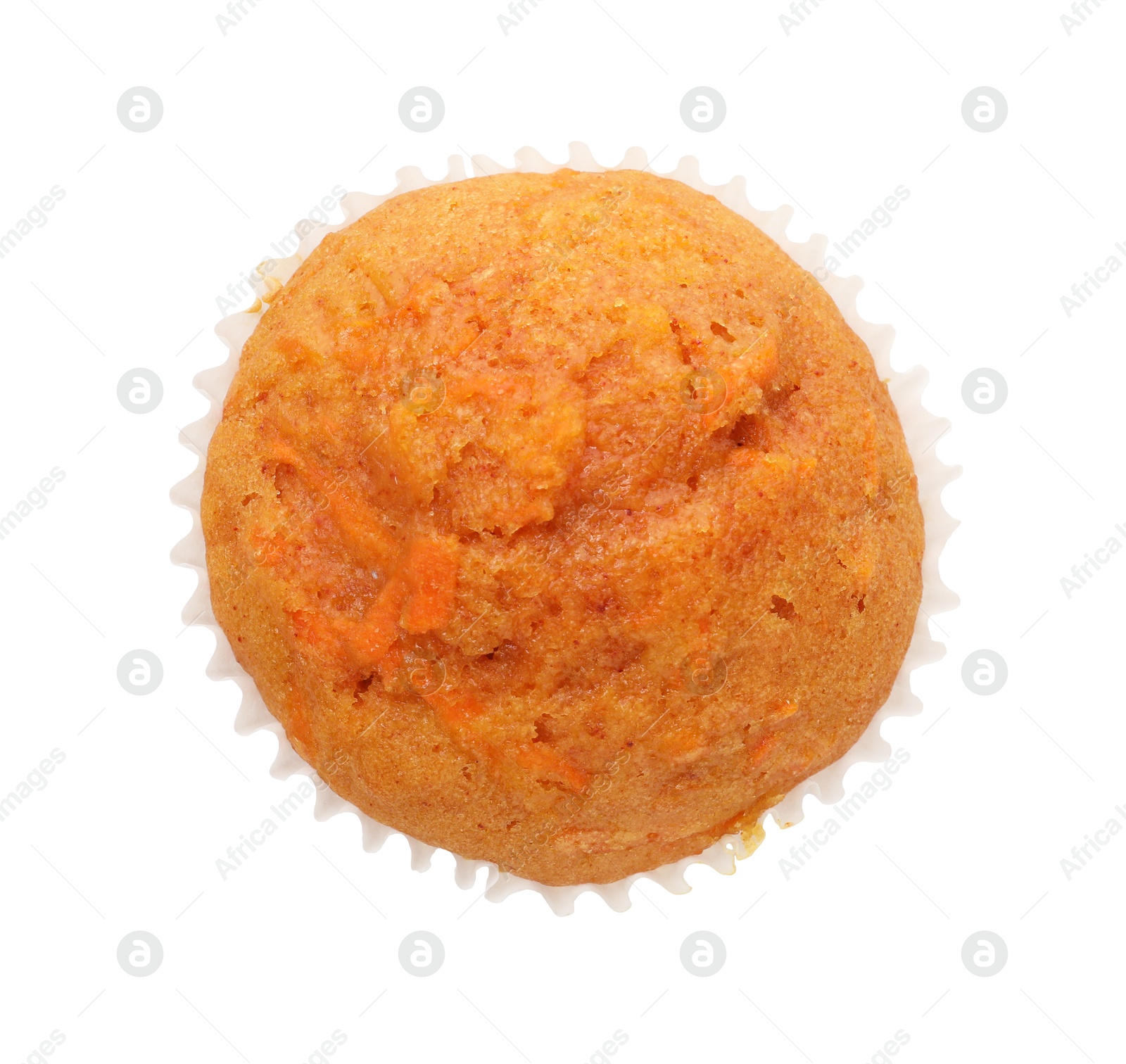 Photo of Tasty sweet carrot muffin isolated on white, top view