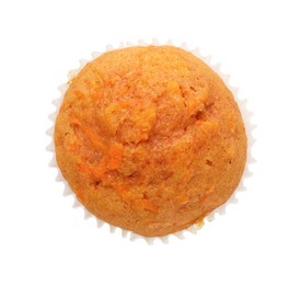 Photo of Tasty sweet carrot muffin isolated on white, top view