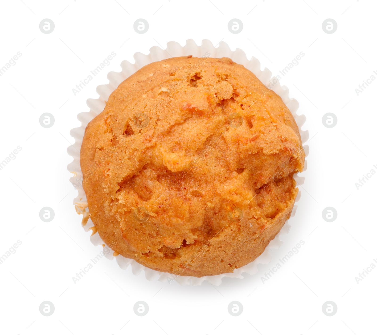 Photo of Tasty sweet carrot muffin isolated on white, top view