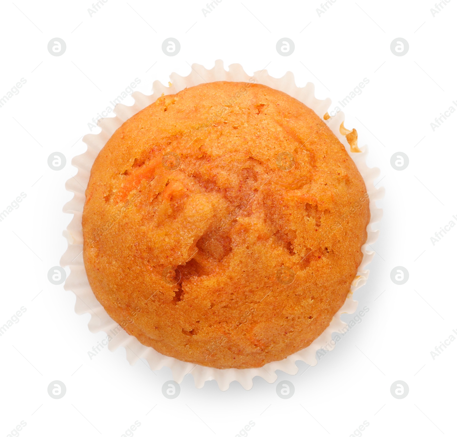 Photo of Tasty sweet carrot muffin isolated on white, top view