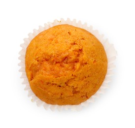 Photo of Tasty sweet carrot muffin isolated on white, top view