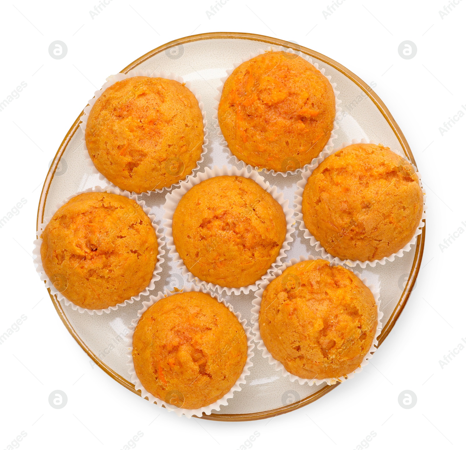 Photo of Tasty carrot muffins isolated on white, top view