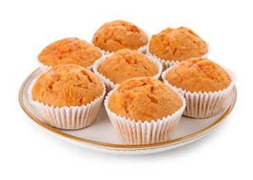 Photo of Tasty sweet carrot muffins isolated on white