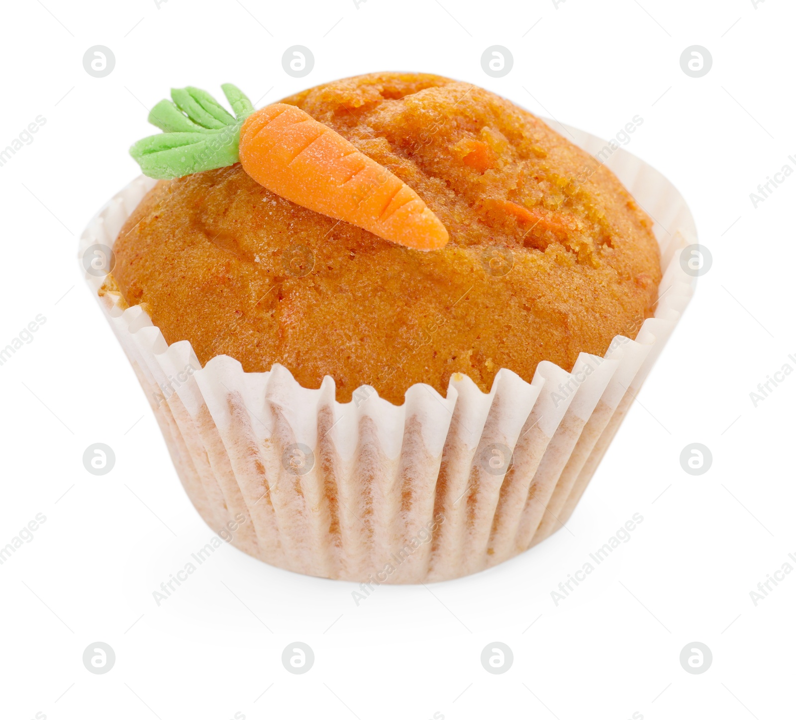 Photo of Tasty sweet carrot muffin isolated on white