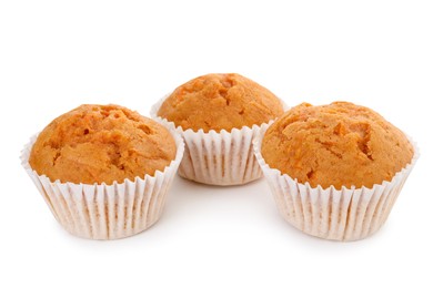 Photo of Tasty sweet carrot muffins isolated on white