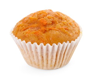 Photo of Tasty sweet carrot muffin isolated on white