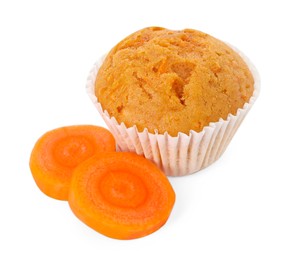 Photo of Tasty sweet carrot muffin and cut vegetable isolated on white