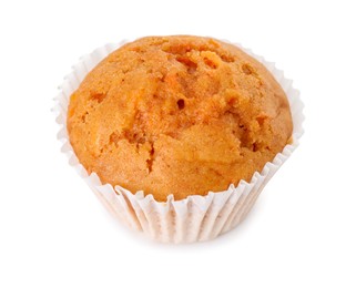 Photo of Tasty sweet carrot muffin isolated on white