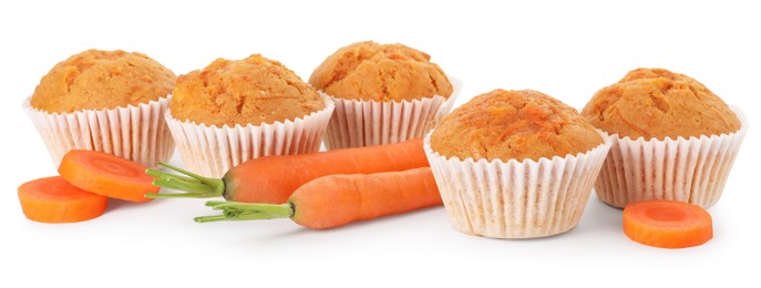 Photo of Tasty carrot muffins and fresh vegetables isolated on white