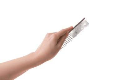 Photo of Woman with comb for pet grooming on white background, closeup