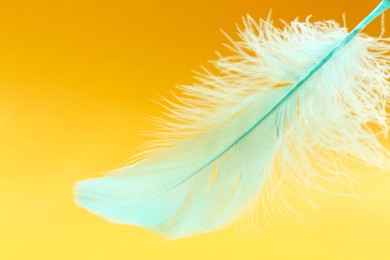 Photo of Fluffy light turquoise feather on yellow background, closeup