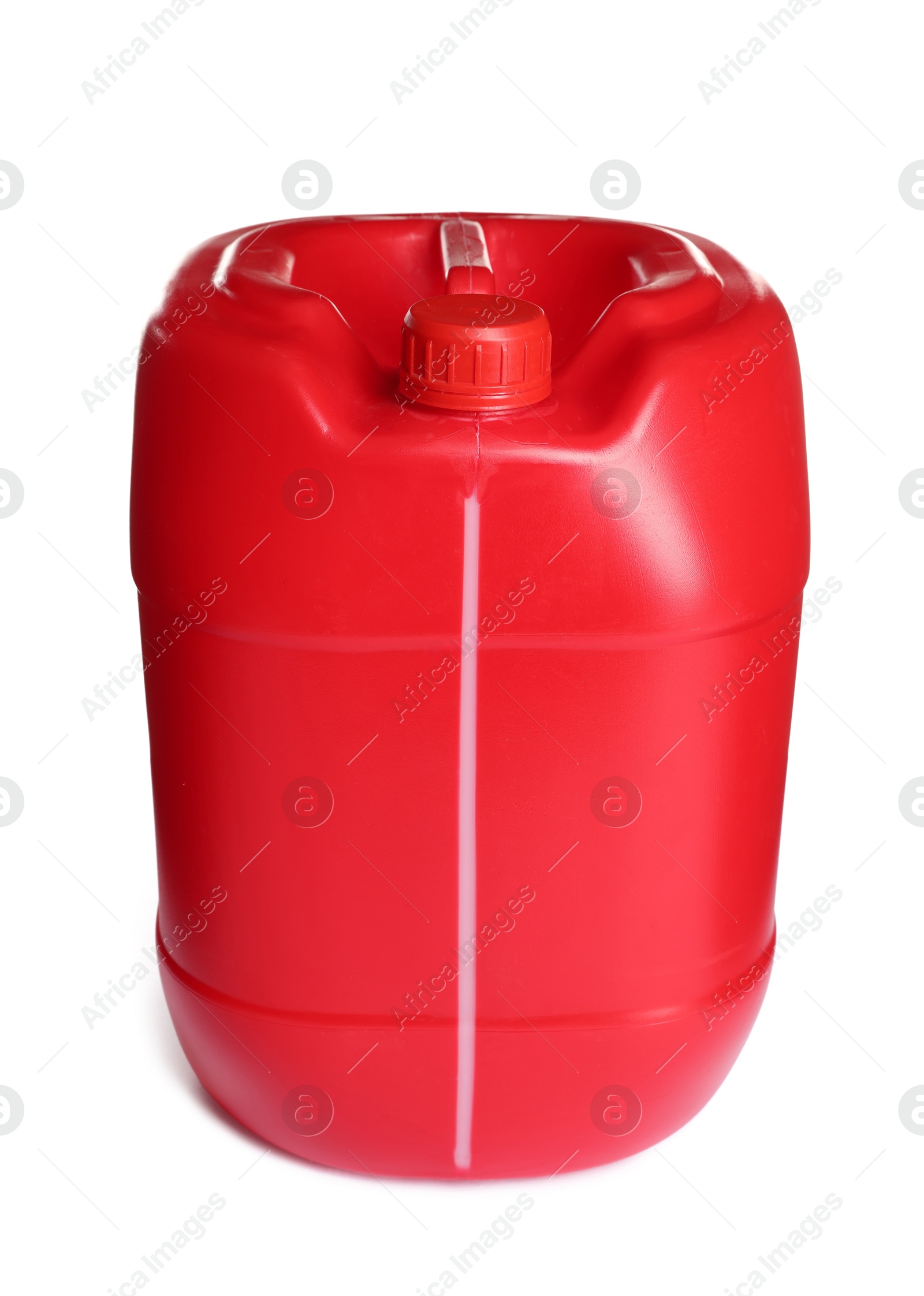 Photo of One red plastic canister on white background