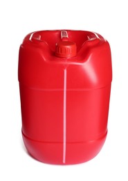 Photo of One red plastic canister on white background