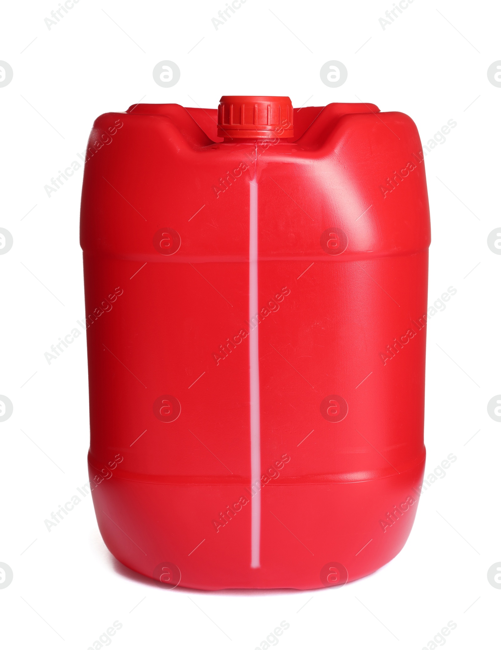 Photo of One red plastic canister on white background