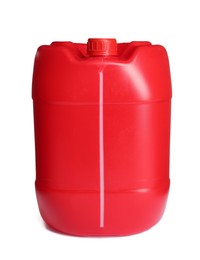 Photo of One red plastic canister on white background