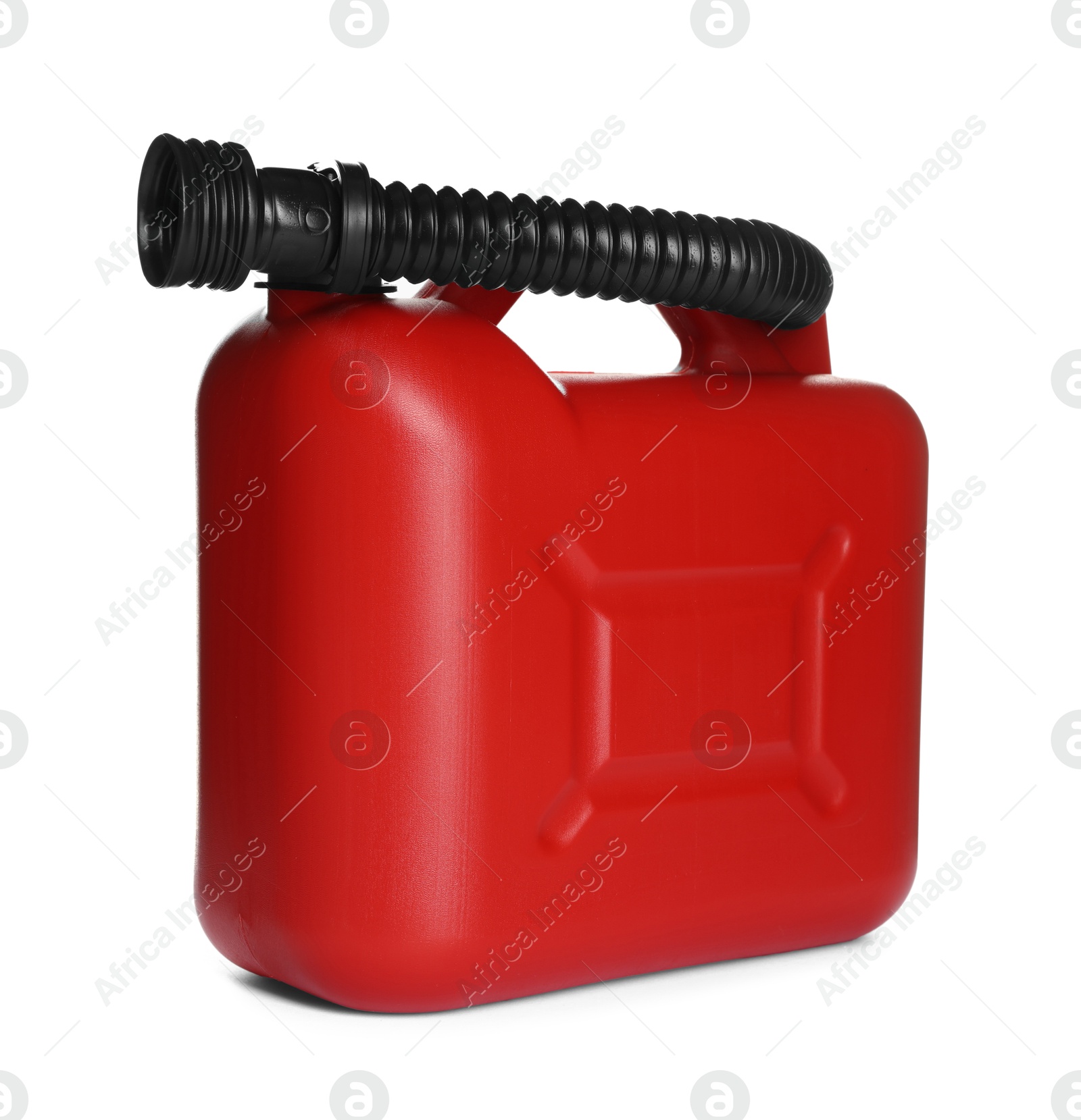 Photo of One red plastic canister with spout on white background