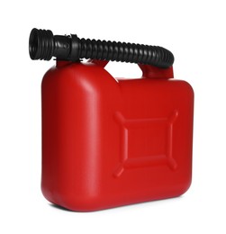 One red plastic canister with spout on white background