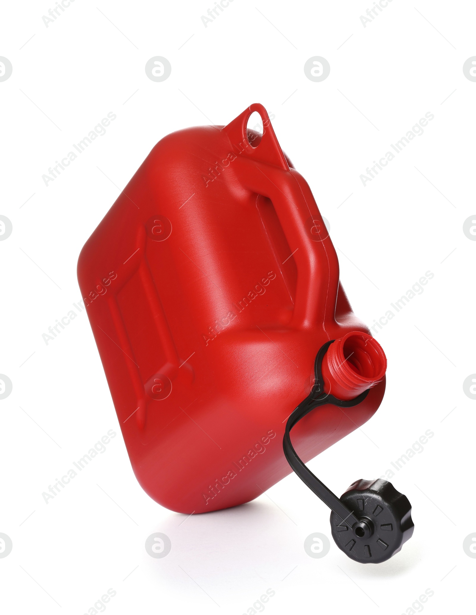 Photo of One red plastic canister in air on white background