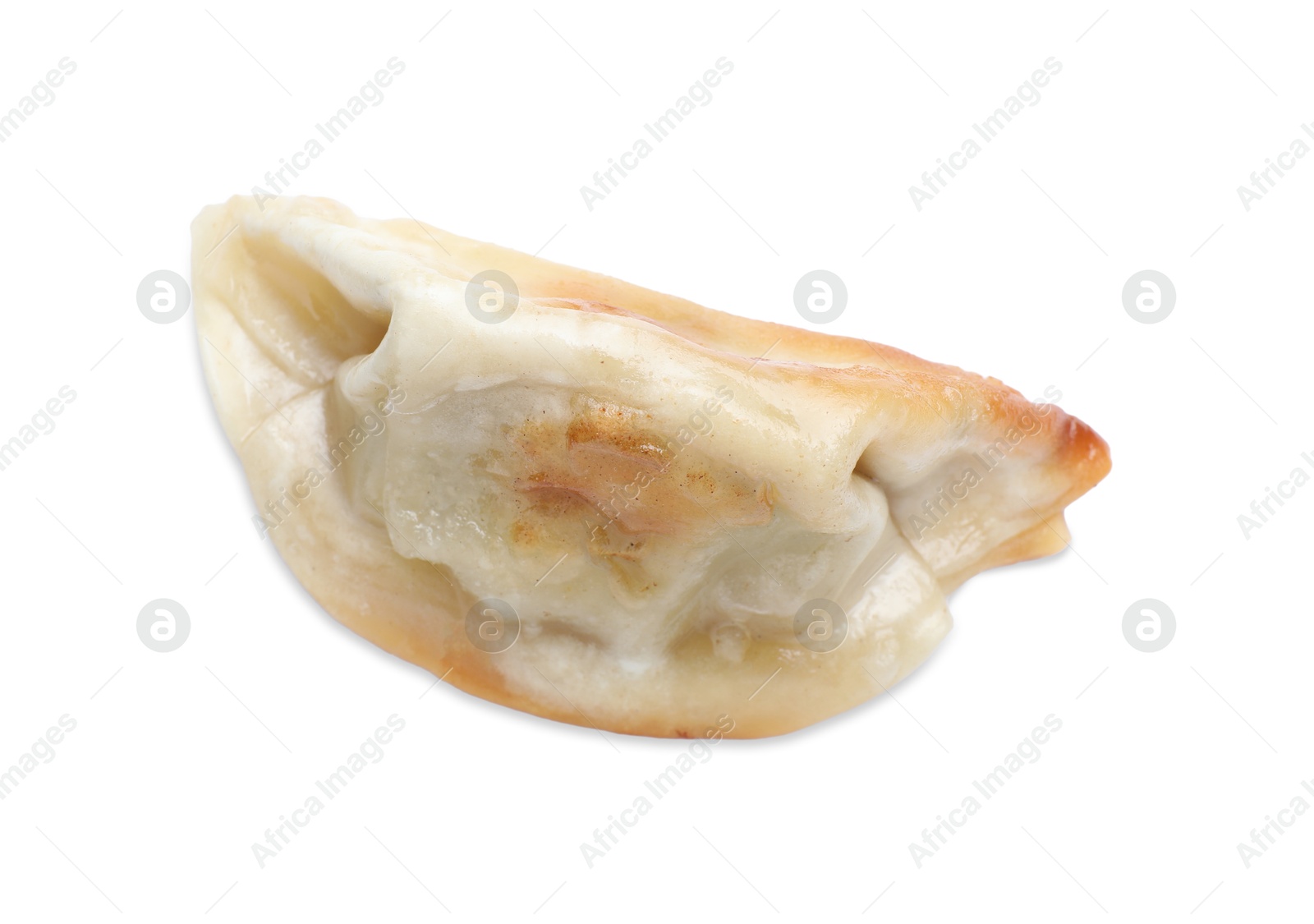 Photo of One fried gyoza dumpling isolated on white, top view