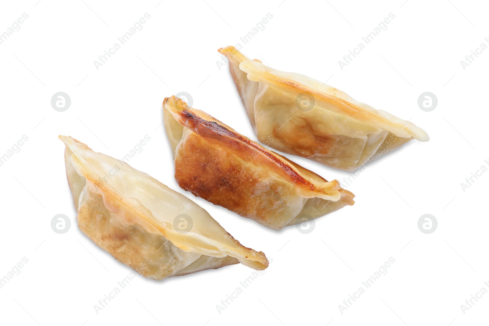 Photo of Delicious fried gyoza dumplings isolated on white, top view